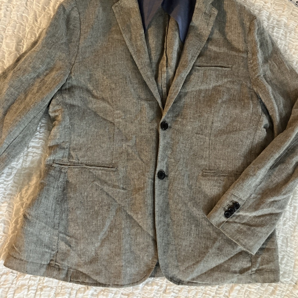 Frank & Oak Rue St-Viateur Blazer Mens 46 Fairmont Fit Gray Linen Herringbone - Picture 2 of 8